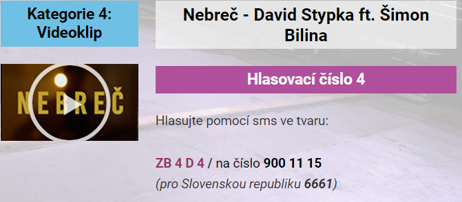 Hlasování pro videoklip Nebreč od Davida Stypky v anketě Žebřík.